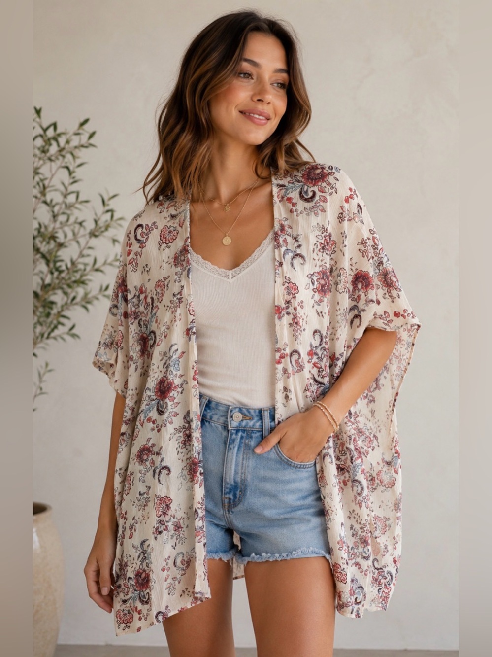 LIFE Love is for Eternity Lush Floral Kimono Cardigan - Cream and Red. Size L